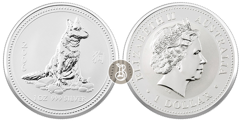 Собака лунар, серебро, 1 oz, Австралия, 2006