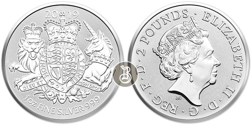 Герб - Лев и Единорог, серебро, 1 oz, 2019 г Великобритания
