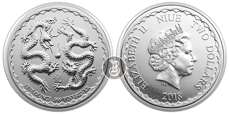 Два Дракона лунар, серебро, 1 oz, Ниуэ, 2018