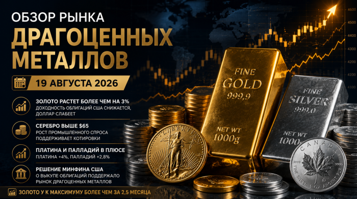 Обзор рынка драгоценных металлов на 19 августа: золото прибавляет более 3% и обновляет максимум