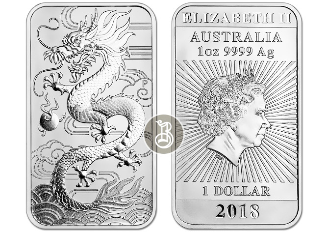 Дракон (прямоугольный), серебро, 1 oz, Австралия, 2018/2019