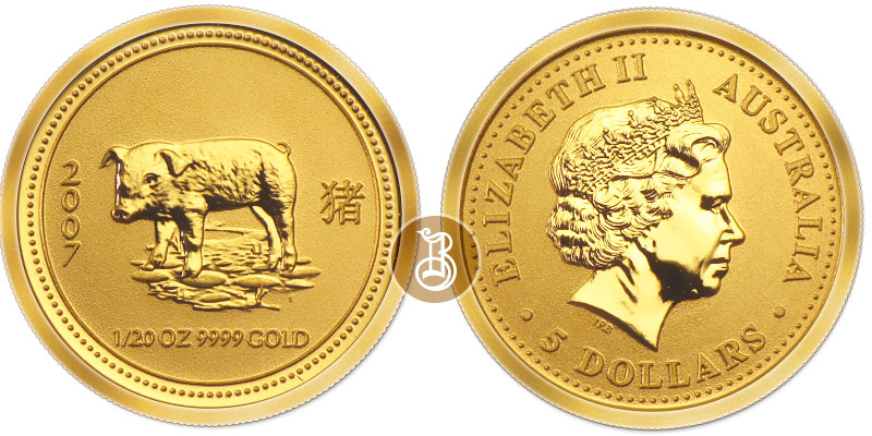 Свинья лунар, золото, 1/20 oz, Австралия, 2007