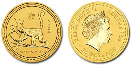 Обезьяна лунар, золото, 1/4 oz, Австралия, 2004