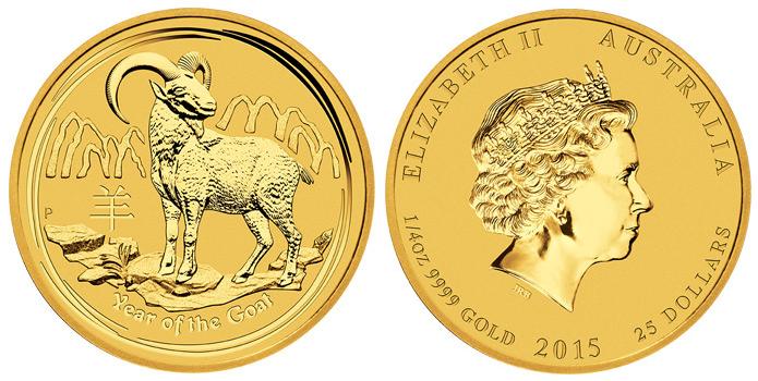 Коза лунар, золото, 1/4 oz, Австралия, 2015