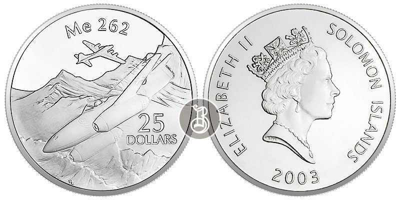 Самолет - Ме 262, серебро, 1 oz, Соломоновы о-ва, 2003