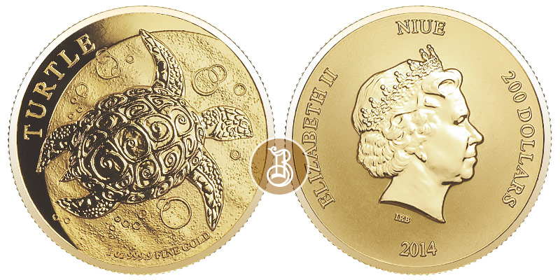 Черепаха, золото, 1oz, НИУЭ, 2014