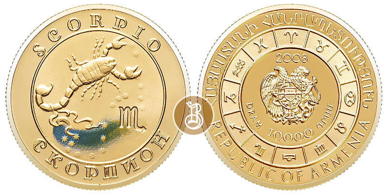 Скорпион, золото, 1/4 oz, Армения, 2008