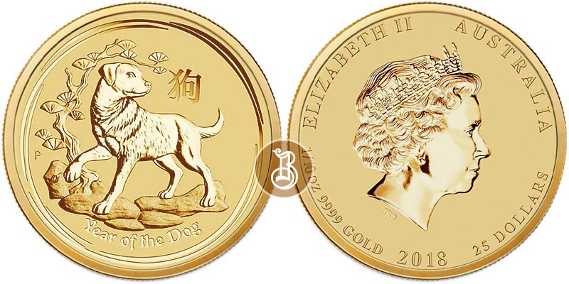 Собака лунар, золото, 1/10 oz, Австралия, 2018