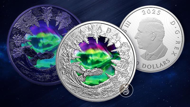 Северное сияние на канадской монете Северное сияние на канадской монете