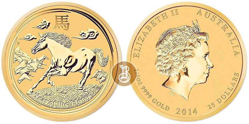 Лошадь лунар, золото, 1/4 oz, Австралия, 2014