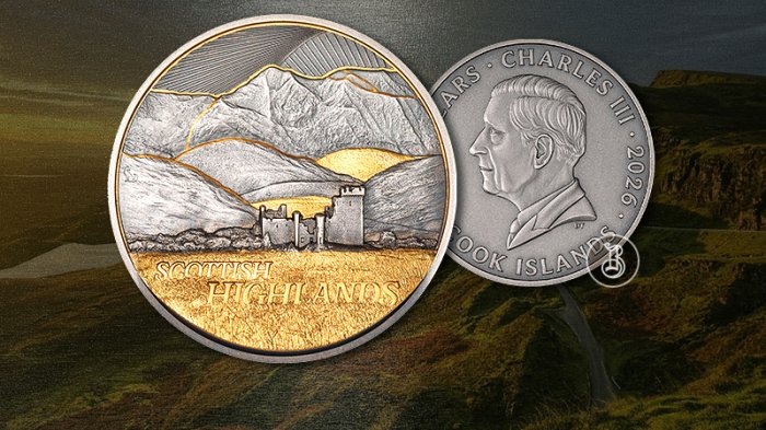 Серебряная монета «Шотландское нагорье» в золоте и серебре