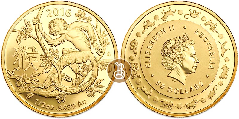 Обезьяна лунар, золото, 1/2 oz, пруф, Австралия, 2016