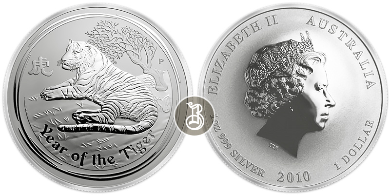 Тигр лунар, серебро, 1 oz, Австралия, 2010