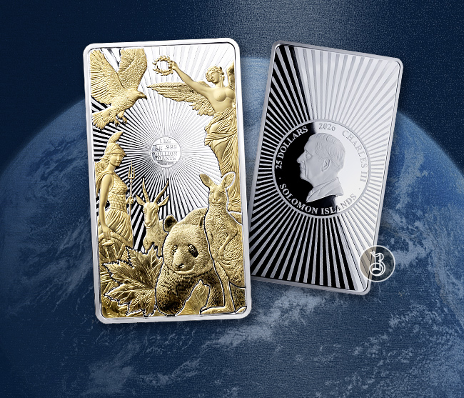 Легендарные эмблемы разных стран на одном слитке