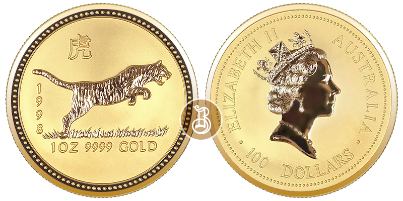 Тигр лунар, золото, 1 oz, Австралия, 1998