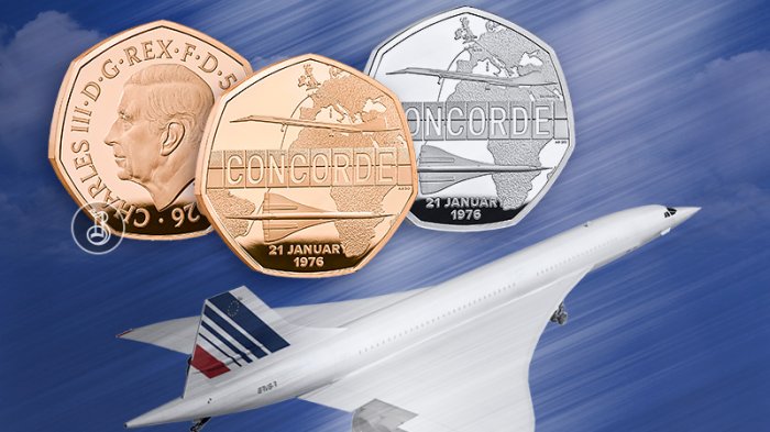 Первый рейс «Конкорда» на памятных монетах Британии