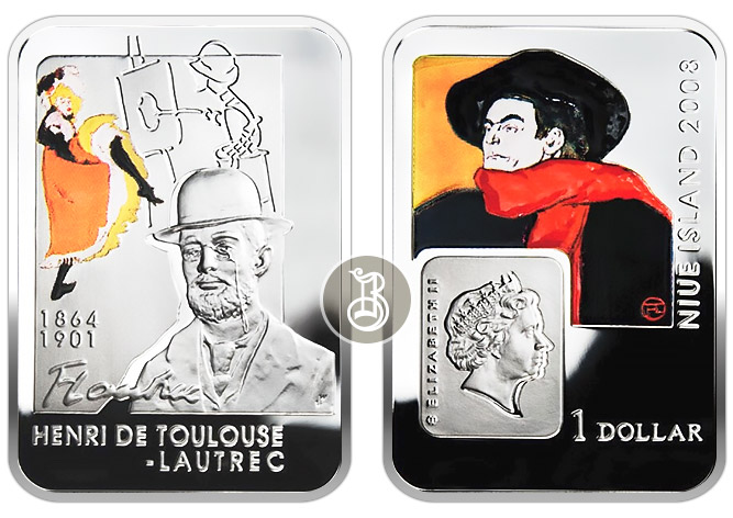 Анри де Тулуз-Лотрек, серебро (цветное), 1oz, Ниуэ, 2008