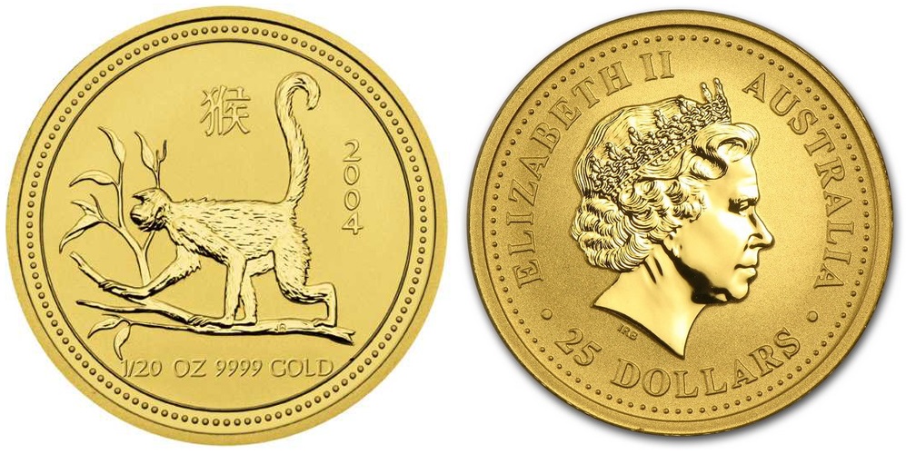 Обезьяна лунар, золото, 1/20 oz, Австралия, 2004