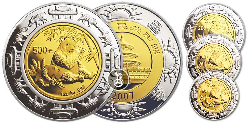 Панда лунар - НАБОР (4 шт), биметалл, Китай, 2007
