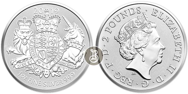 Королевский герб - Лев и Единорог, серебро, 1 oz, 2019 г Великобритания