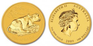 Золотая памятная (коллекционная) монета Бык лунар, золото, 1 oz, Австралия, 2009, 31,1 гр., (1 oz)