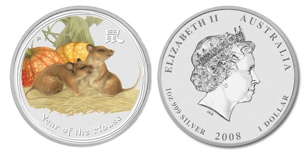 Крыса лунар (цветная), серебро, 1 oz, Австралия, 2008