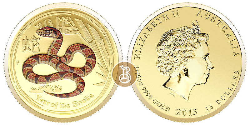 Змея лунар , золото (цветное), 1/10 oz, Австралия, 2013