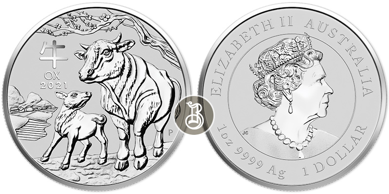 Бык лунар, серебро, 1 oz, Австралия, 2021