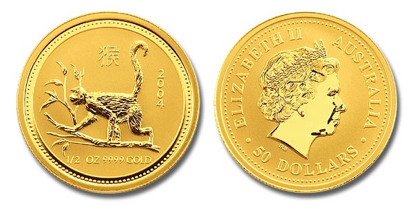 Обезьяна лунар, золото, 1/2 oz, Австралия, 2004