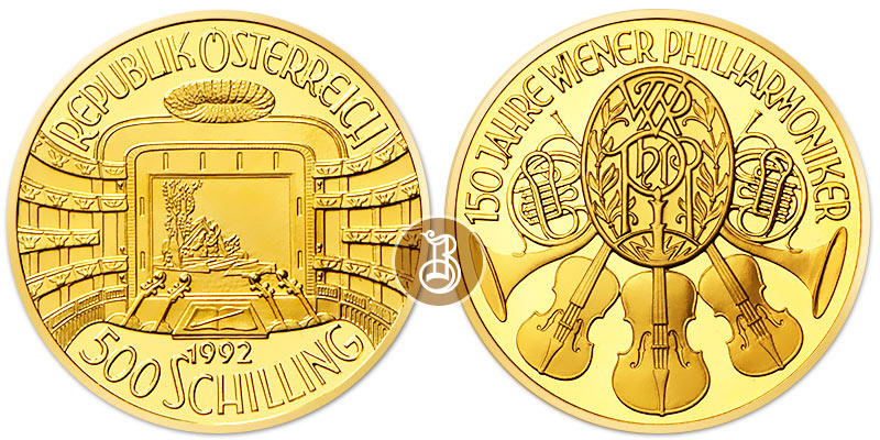 150 лет Венской филармонии, золото, 8 гр., Австрия, 1992
