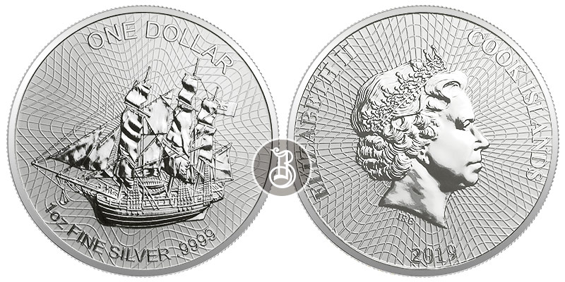 Корабль - парусник, серебро, 1 oz, о-ва Кука 2019