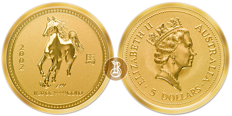 Лошадь лунар, золото, 1/20 oz, Австралия, 2002