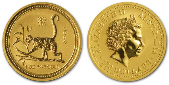 Обезьяна, золото, 1 oz,  Австралия, 2004 г.