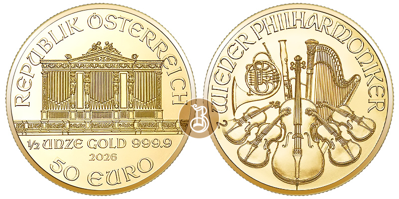 Филармоникер, золото, 1/2 oz, Австрия