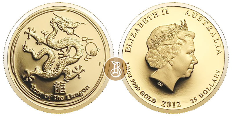 Дракон лунар, золото, 1/4 oz, Австралия, 2012