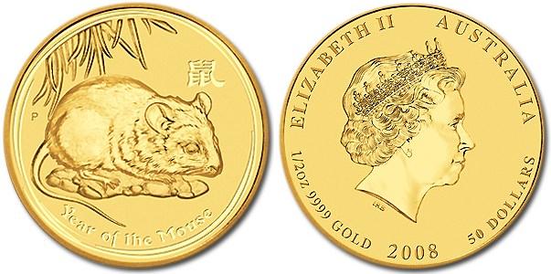 Крыса лунар, золото, 1/2 oz, Австралия, 2008