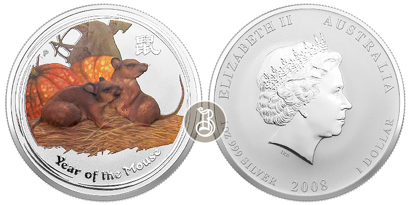 Крыса лунар (цветная), серебро, 1 oz, Австралия, 2008
