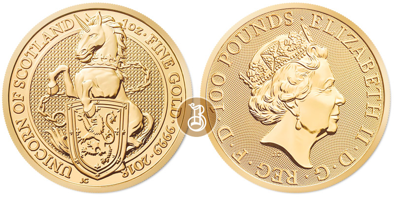 Единорог, золото, 1 oz, Великобритания, 2018 Единорог, золото, 1 oz, Великобритания, 2018