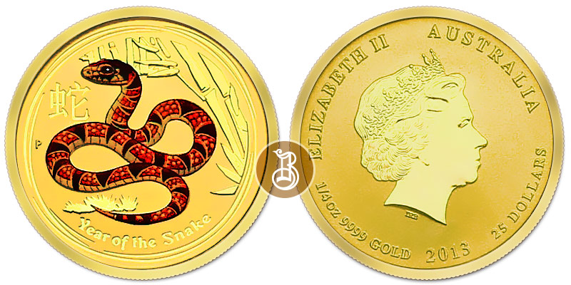 Змея лунар , золото (цветное), 1/4 oz, Австралия, 2013