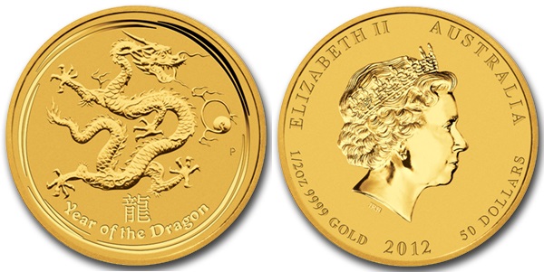Дракон лунар, золото, 1/2 oz, Австралия, 2012