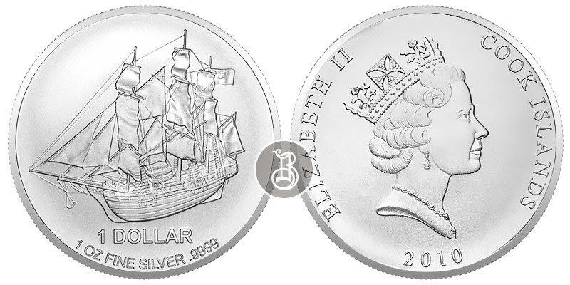 Корабль - парусник, серебро, 1 oz, о-ва Кука