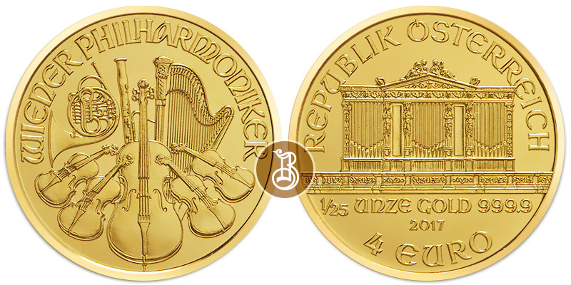 Филармоникер, золото, 1/25 oz, Австрия