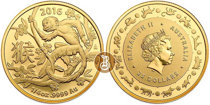 Обезьяна лунар, золото, 1/4 oz, пруф Австралия, 2016