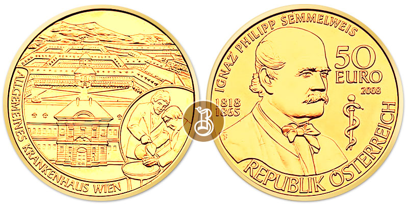 Игнац Филипп Земмельвейс, золото, 10 гр., Австрия, 2008