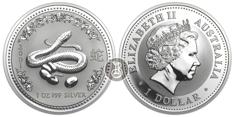 Змея лунар, серебро, 1 oz,  Австралия, 2001