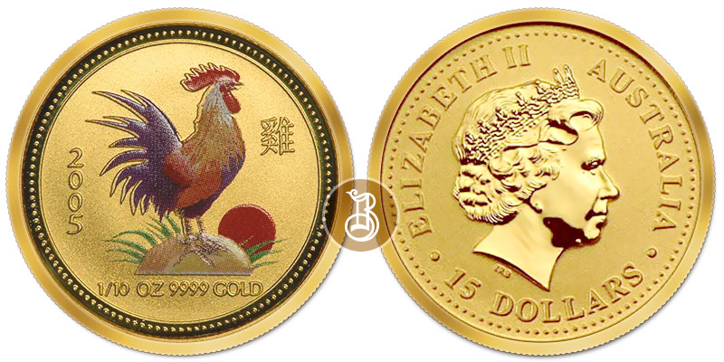 Петух лунар, золото (цветной), 1/10 oz, Австралия, 2005