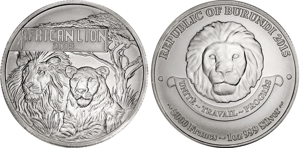 Африканский Лев, серебро, 1 oz, Бурунди