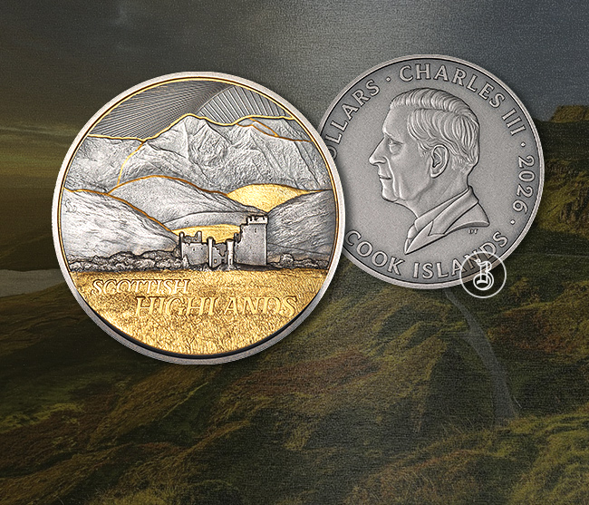 Серебряная монета «Шотландское нагорье» в золоте и серебре