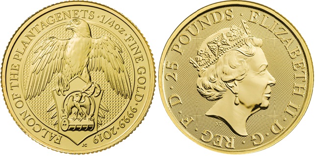 Сокол, золото, 1/4 oz, Великобритания, 2019