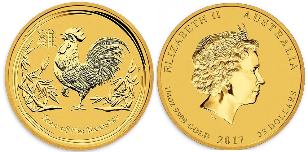 Петух лунар, золото, 1/4 oz, Австралия, 2017